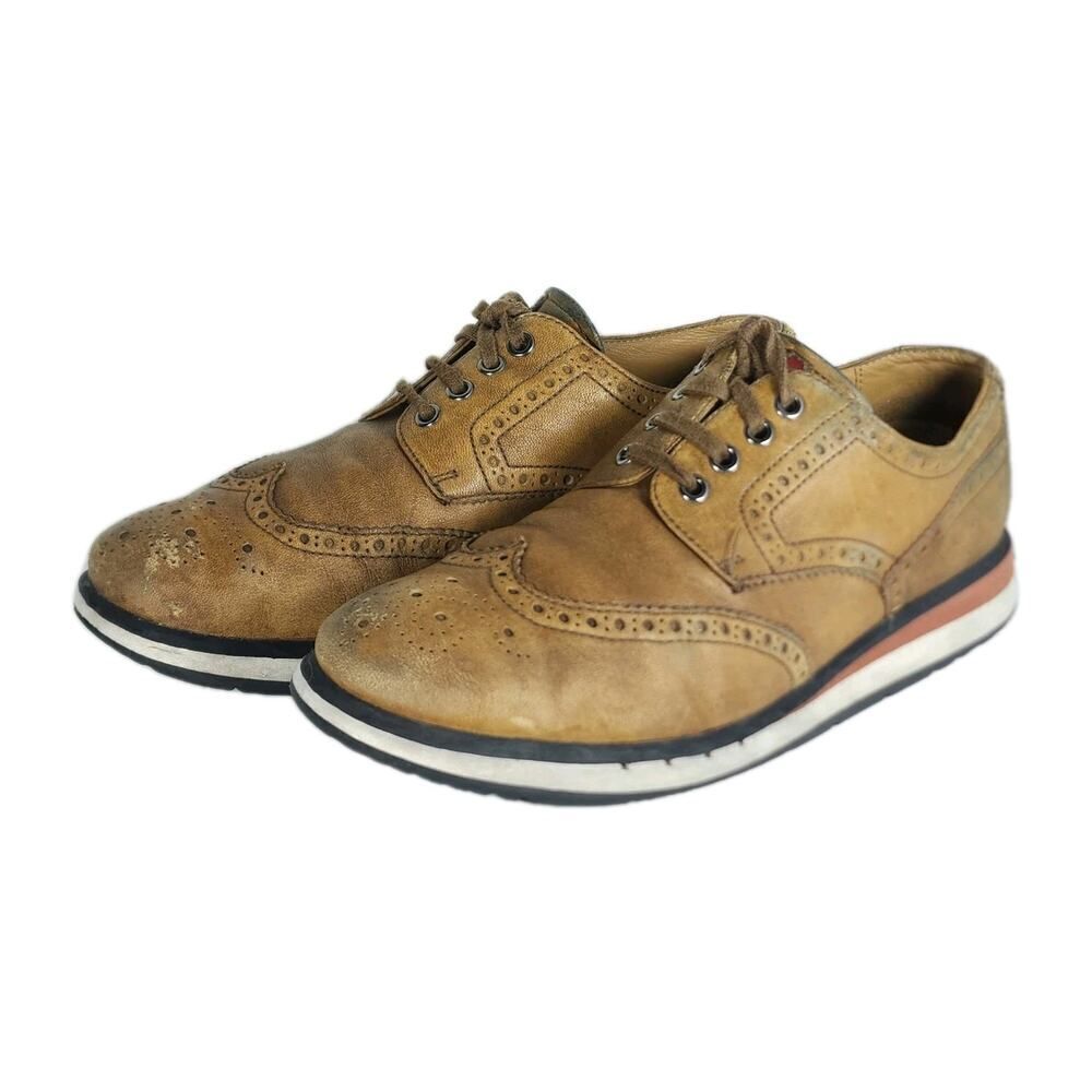 PRADA Men's US 8/4E Tan Leather Wingtip Lace Up Lug Sole Derby Brogue Shoes
